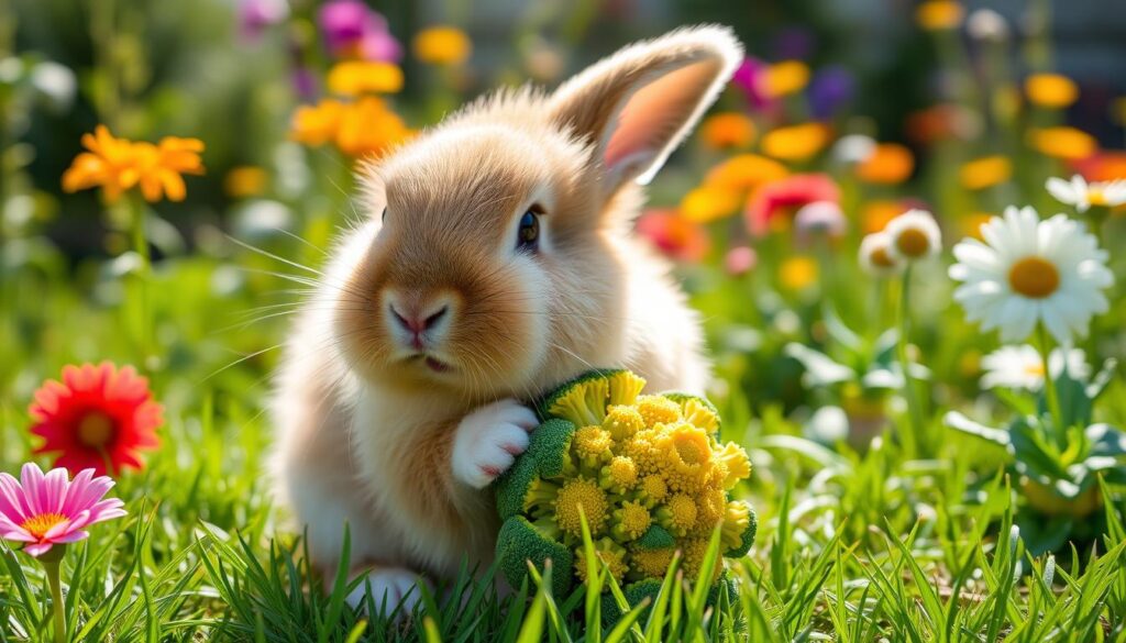 Rabbit eating broccoli