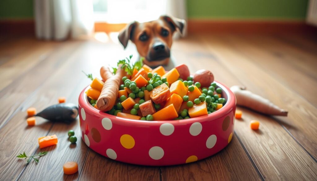 Vegetables in dog's bowl