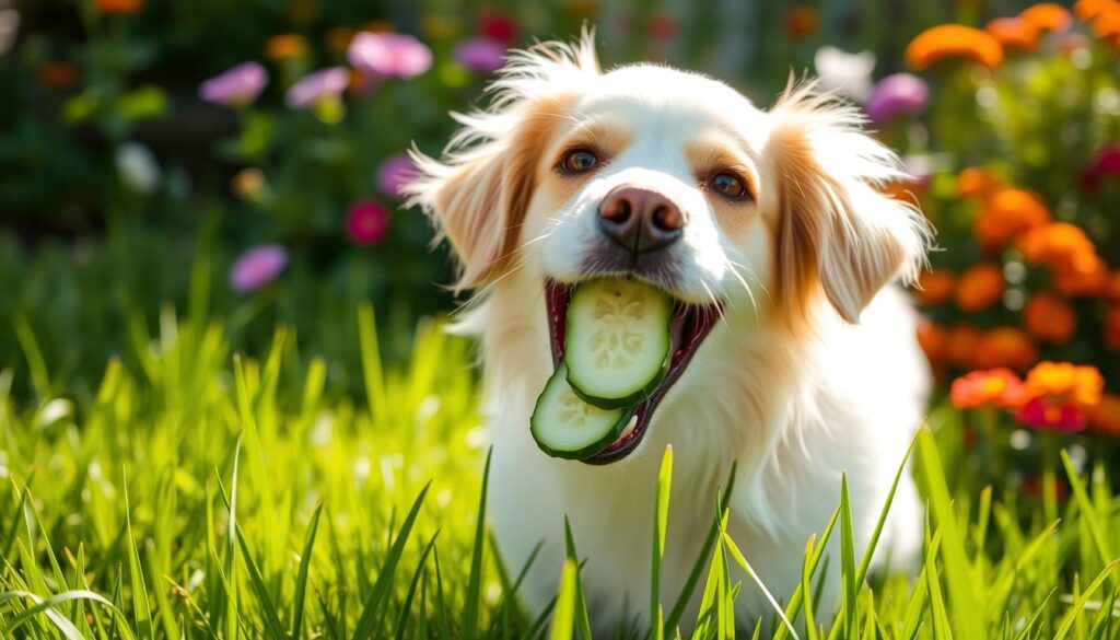 dog eating cucumbers