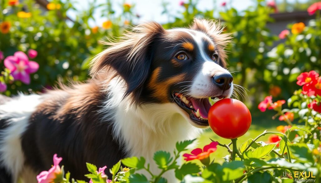 dog eating tomato