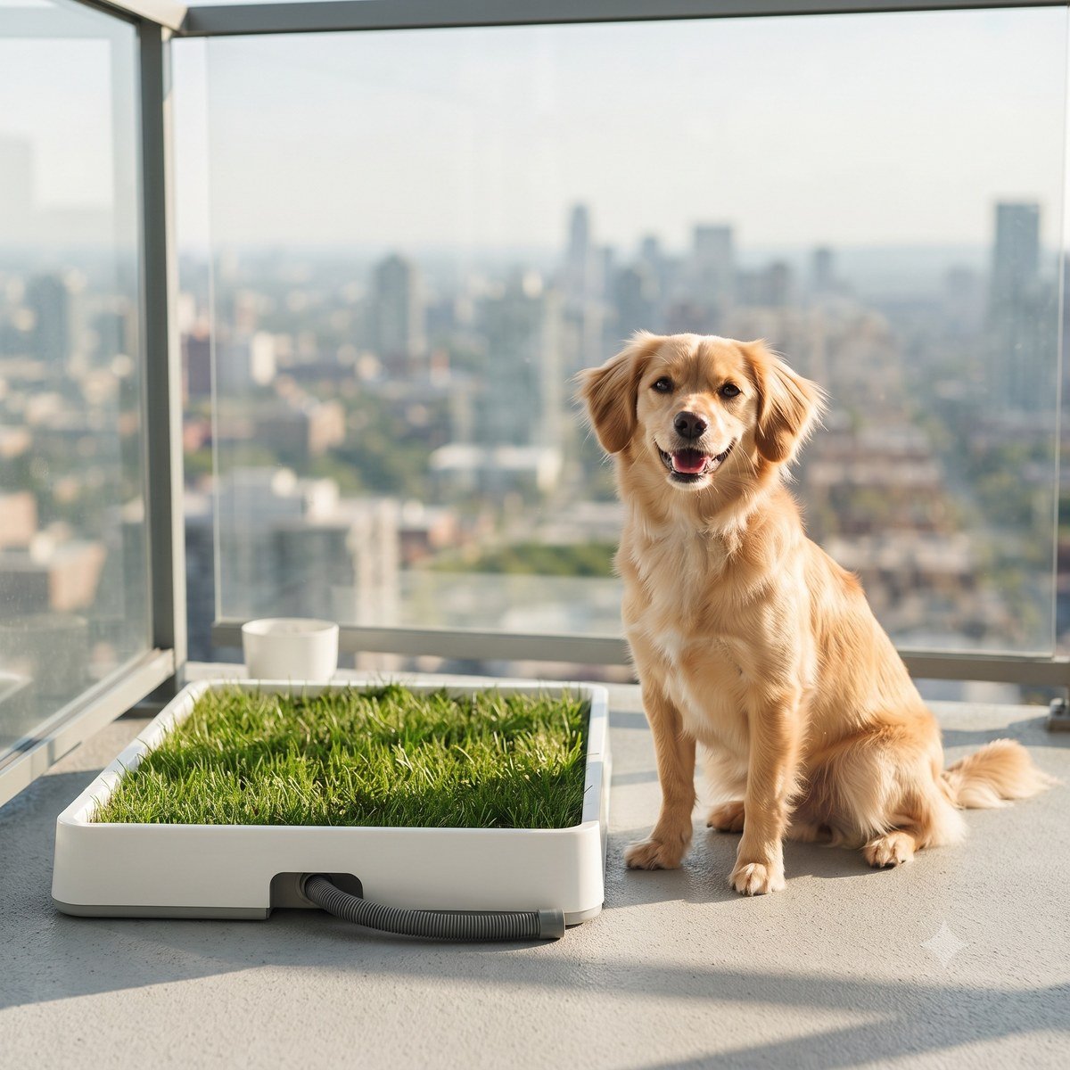Golden dog on a high-rise balcony next to a white rectangular grass potty tray with drainage hose.
