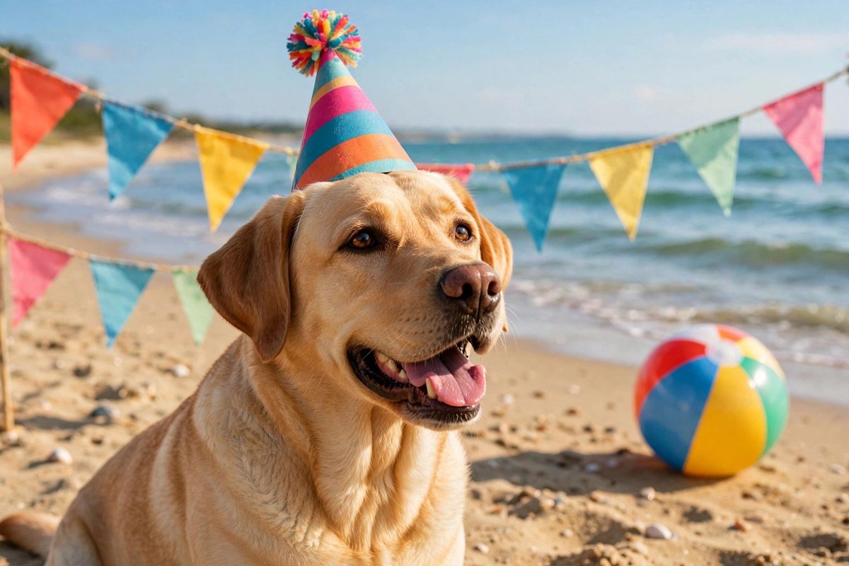 Labrador retriever wearing a colorful party hat at a beach birthday party with bunting and a beach ball