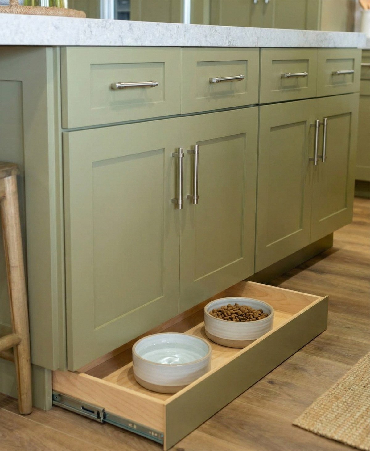 Modern kitchen island with sage-green cabinetry, bottom drawer pulled open revealing a wooden tray with two ceramic dog bowls. No readable text.