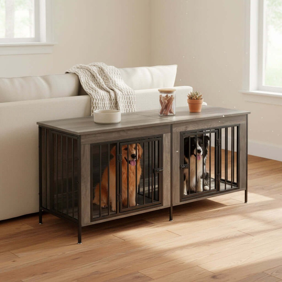 Gray wood-top kennel console on slender black metal legs centered before a sofa, two dogs inside, styled tabletop. No readable text per visual summary.