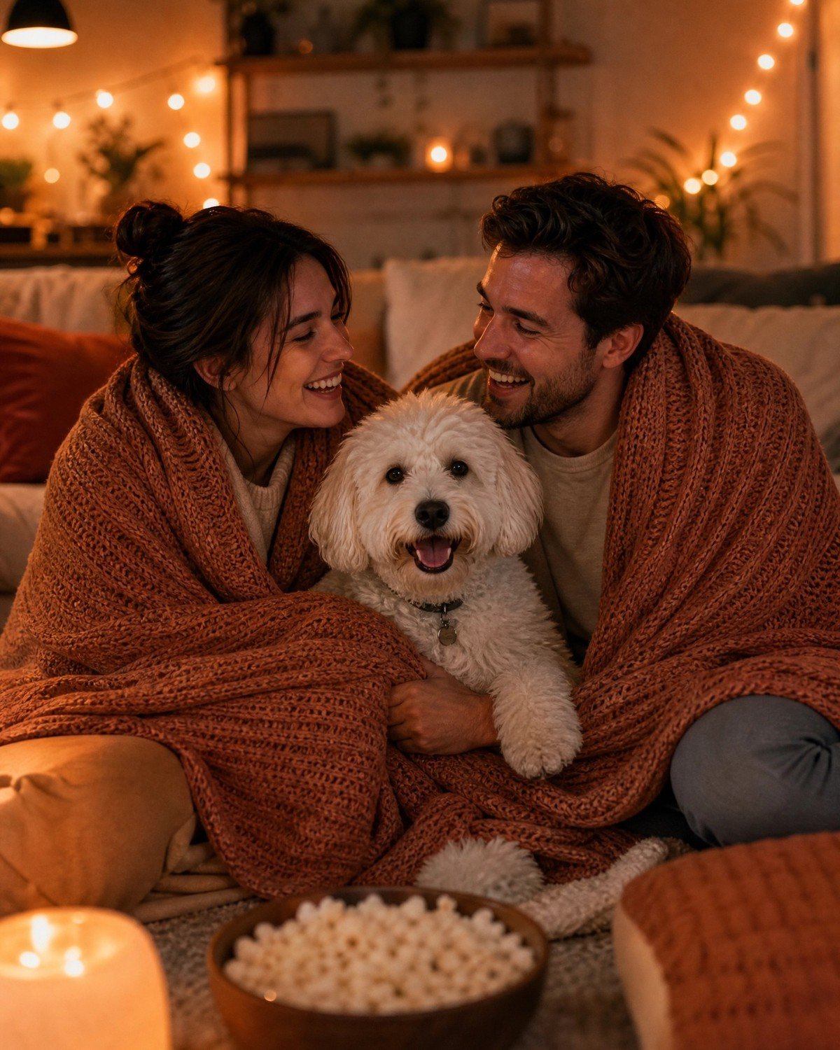 Couple and dog under a blanket with popcorn and warm lights; no text