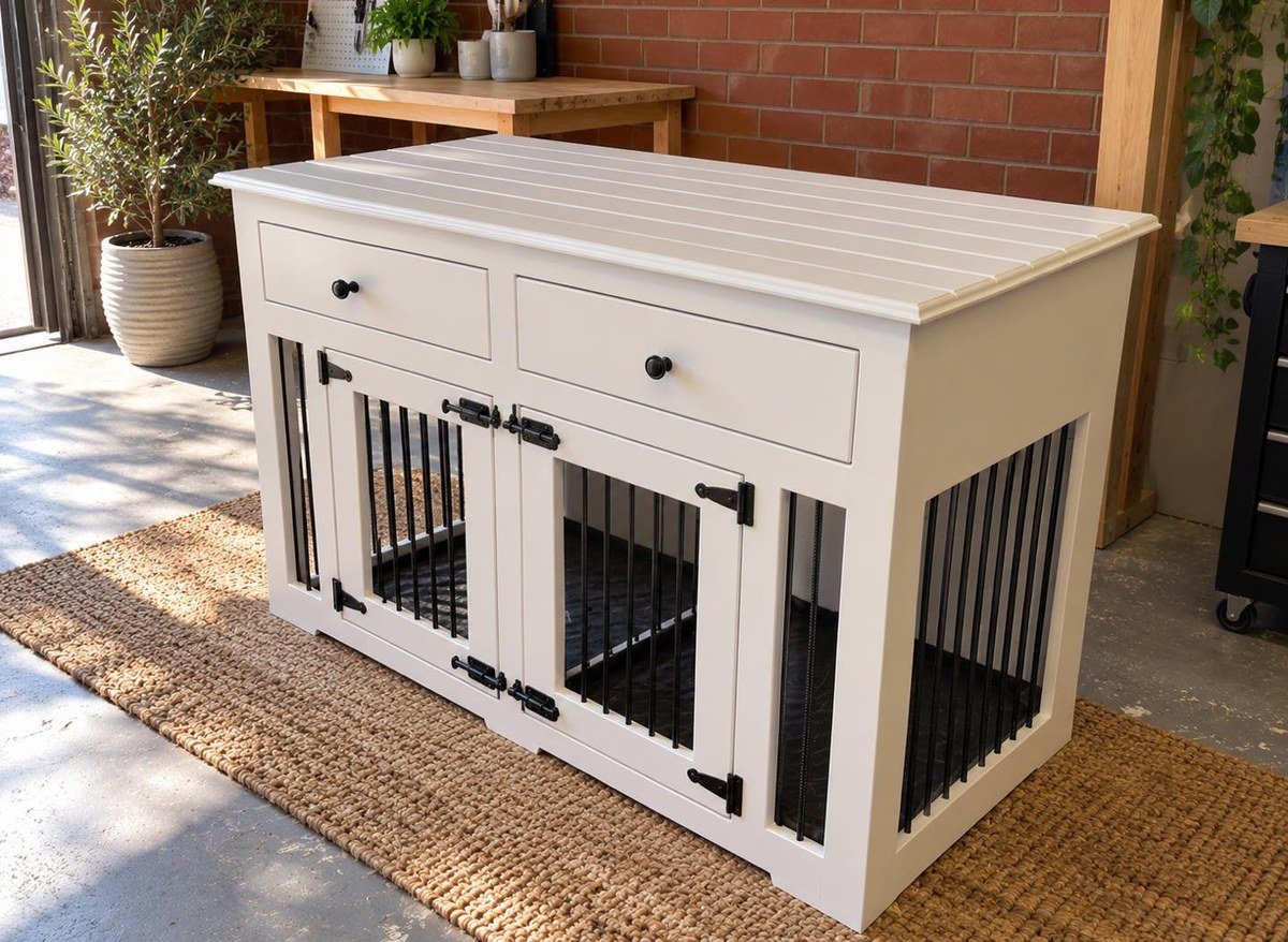 White furniture-style kennel with flat top and two drawers above bar-door compartments. No readable text.