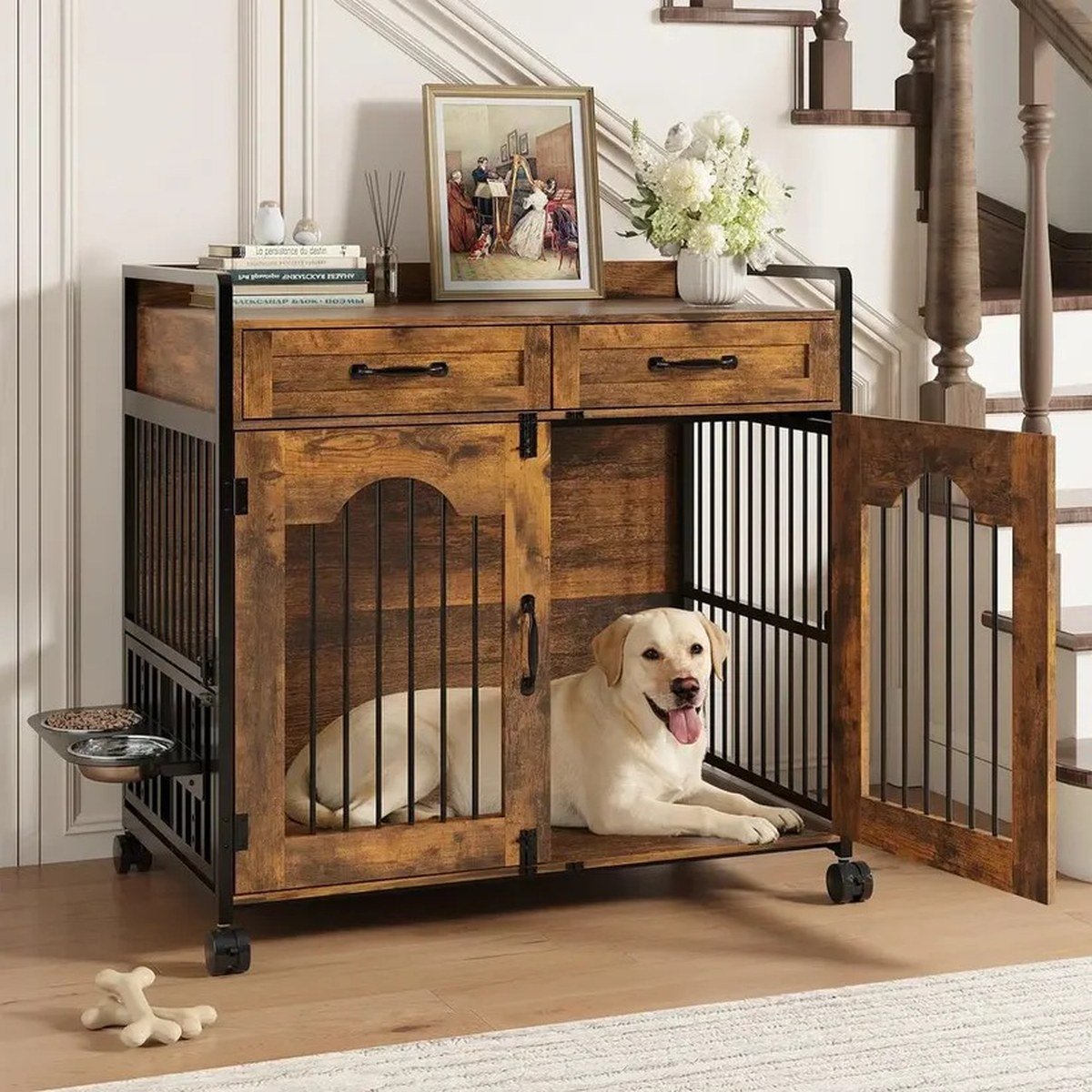 Warm-brown wooden crate furniture with drawers, styled console top; Labrador lying inside.