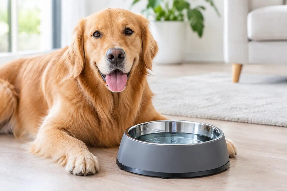 Golden retriever lying on a wood floor beside a modern gray spill-proof water bowl filled with water.