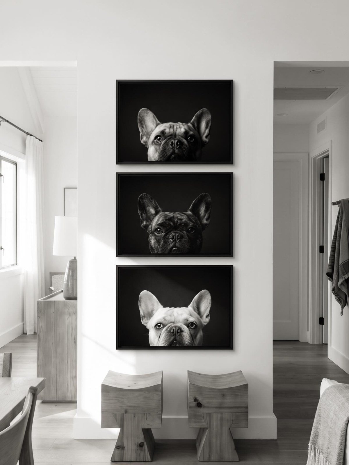 White wall with three vertically stacked black-framed French Bulldog portraits.