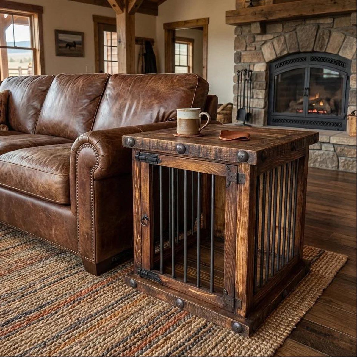 Rustic dark-wood crate styled as an end table beside a brown leather sofa, mug on top. No readable text per visual summary.