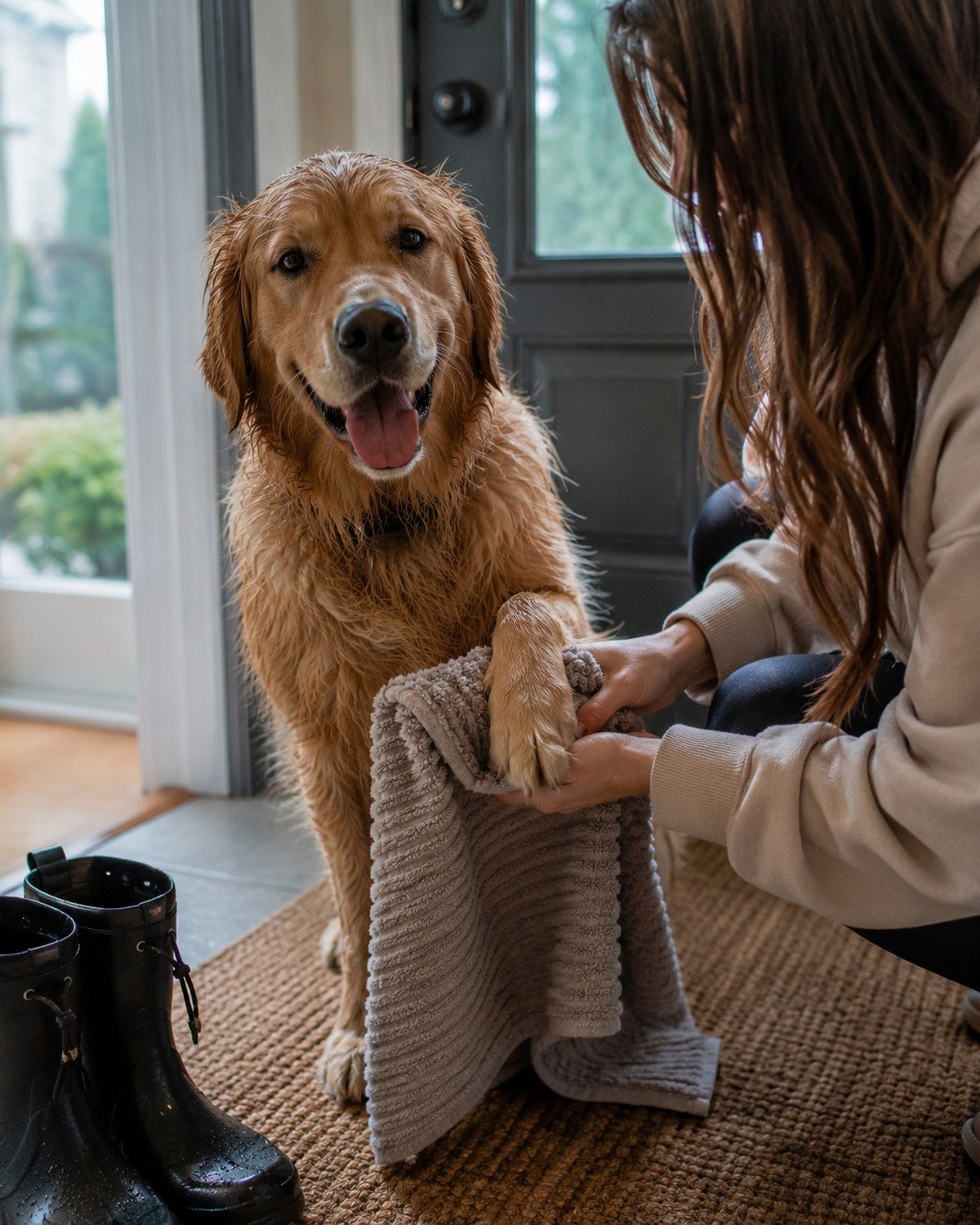 Wet golden retriever standing on a woven mat by a front door being towel-dried after rain. No readable text.