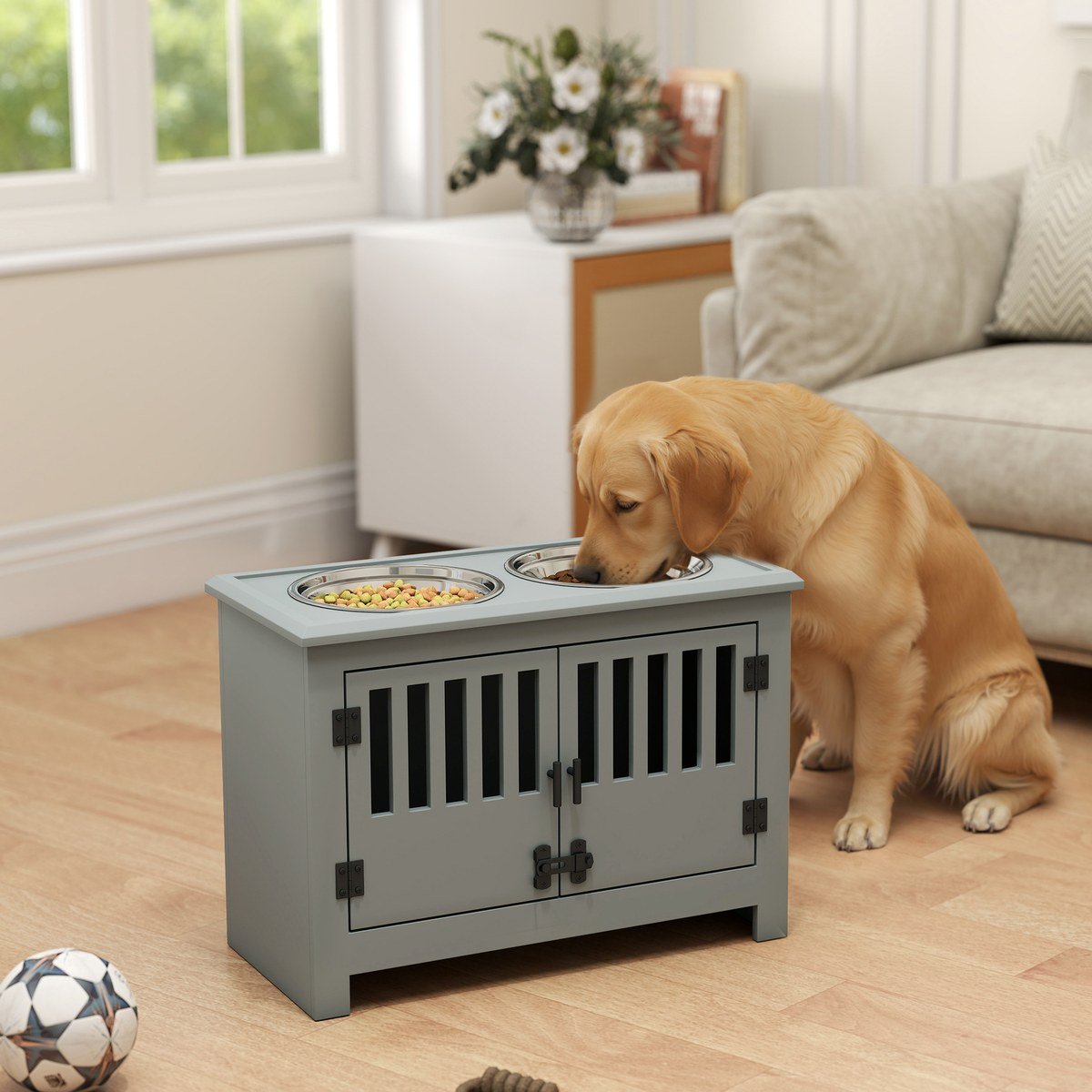 A golden retriever eats from a light gray wooden food-storage cabinet with two stainless steel bowls set into the top, in a bright living room with hardwood floors and a beige sofa; verified no text visible in the image.