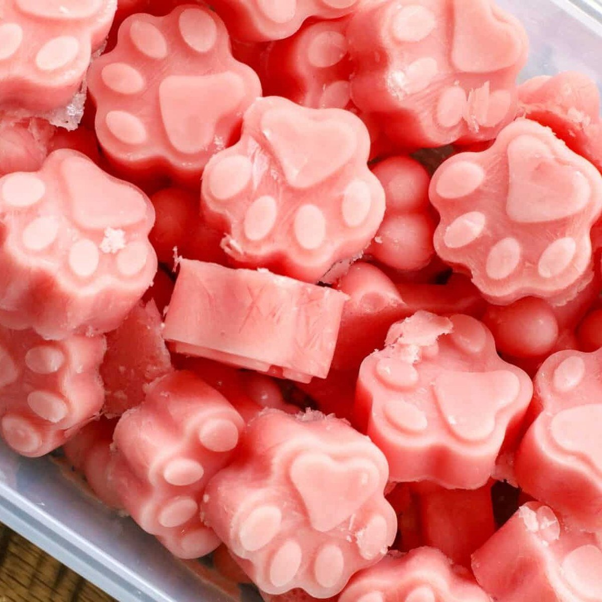 Pink paw-shaped frozen watermelon dog treats in a container