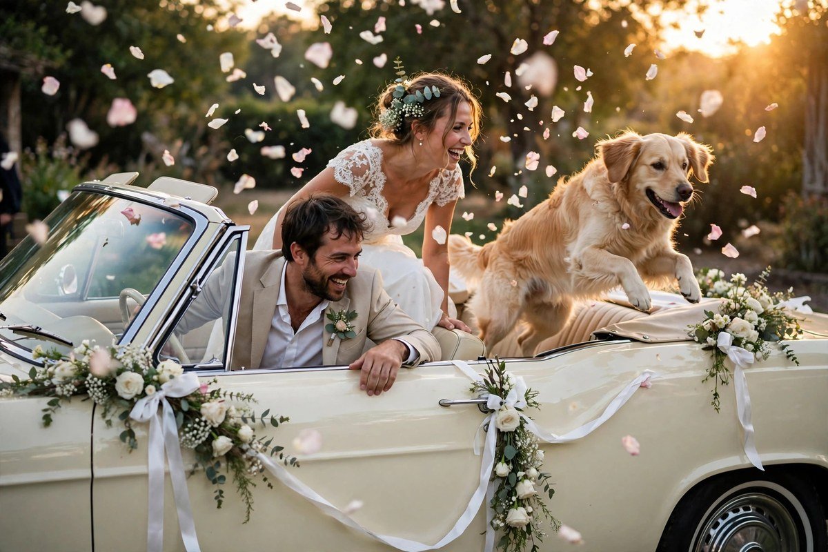 Newlyweds in a vintage convertible with their golden retriever jumping in as petals fall