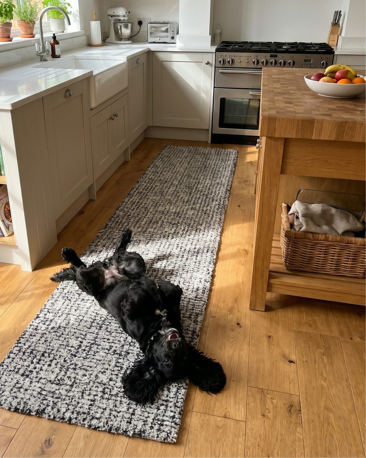 Black cocker spaniel lying on its back, paws up, on a gray-and-white patterned kitchen runner between sink and island.