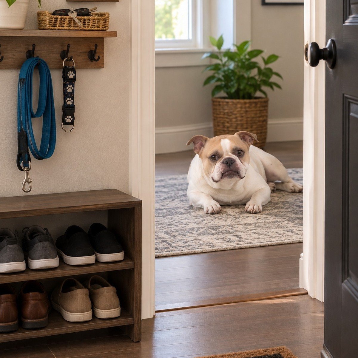 Organized entryway viewed from inside the front door; wall rack above a shoe bench holding a blue dog leash and patterned collar.