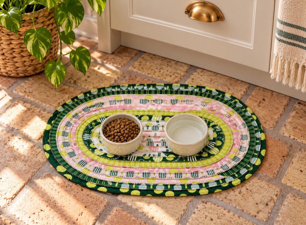 Handmade oval placemat with concentric green/pink/yellow patterns on a tiled floor, two off-white paw-print ceramic bowls centered on it. No readable text.