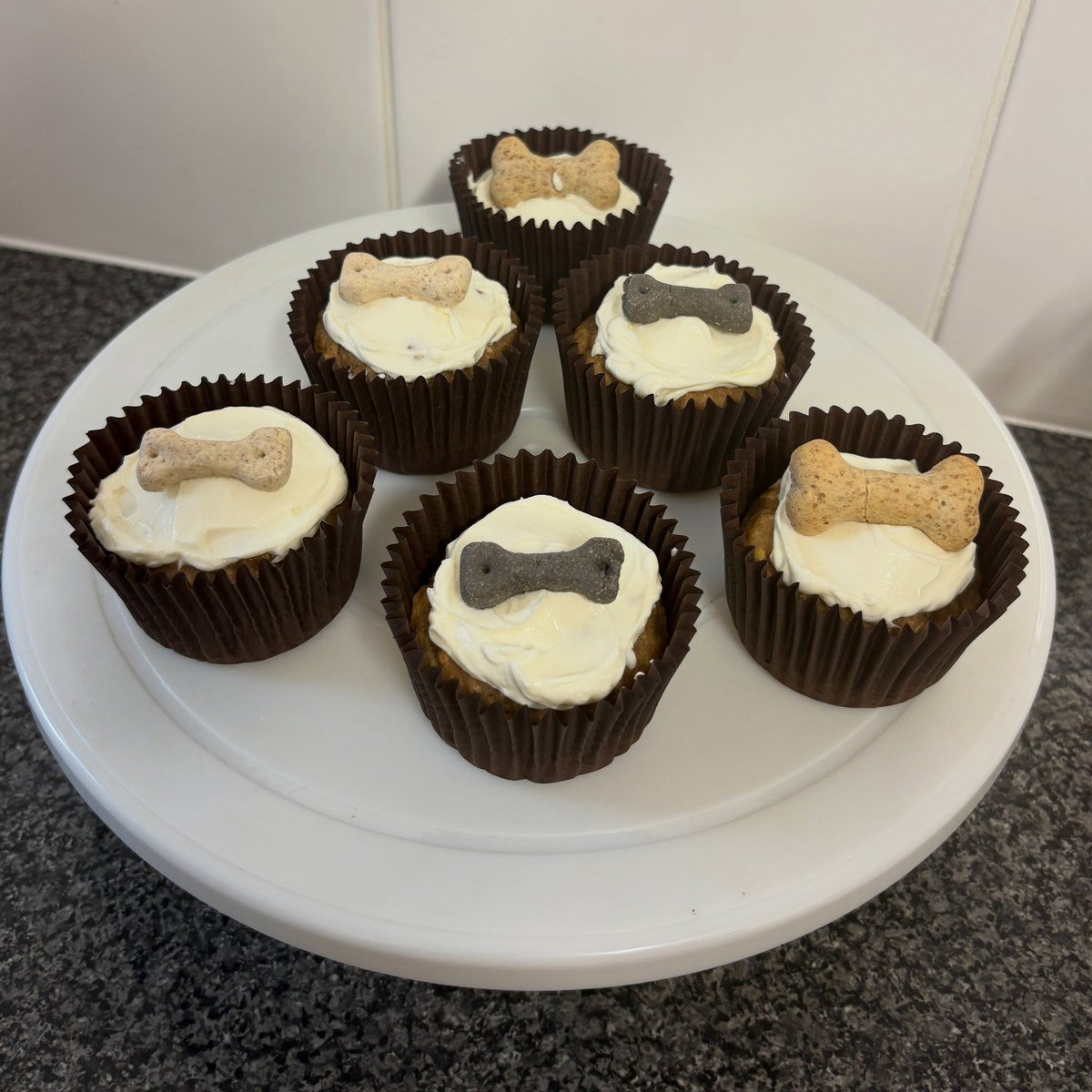 Six mini pupcakes with white frosting and bone-shaped biscuits on a white plate