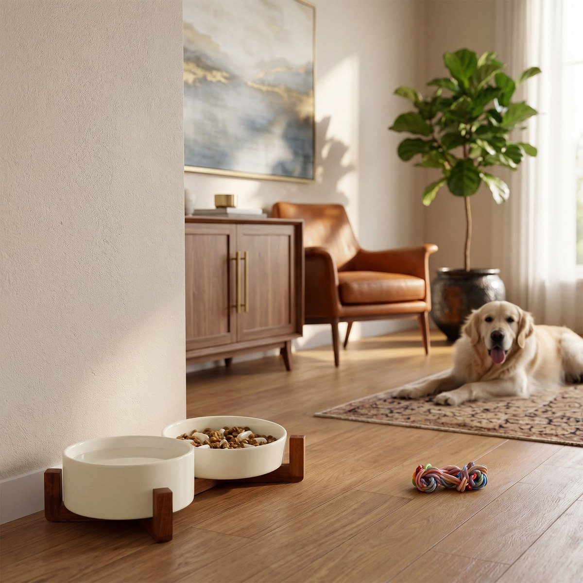 Two white ceramic bowls on a low natural wood stand, sunlit living room, golden retriever nearby. No readable text.