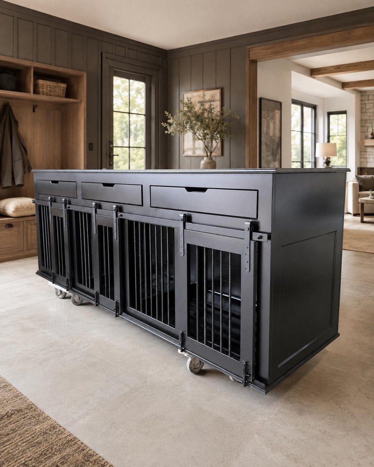 Black three-bay kennel cabinet with drawers and sliding barn doors in an entryway with bench, hooks, and greenery on top. No readable text per visual summary.