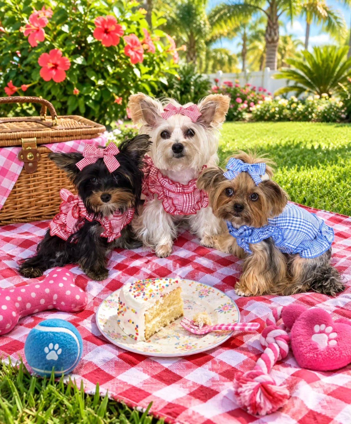 Three small dogs in gingham outfits sit on a red-checkered picnic blanket with cake, toys, and a wicker basket in a sunny garden.