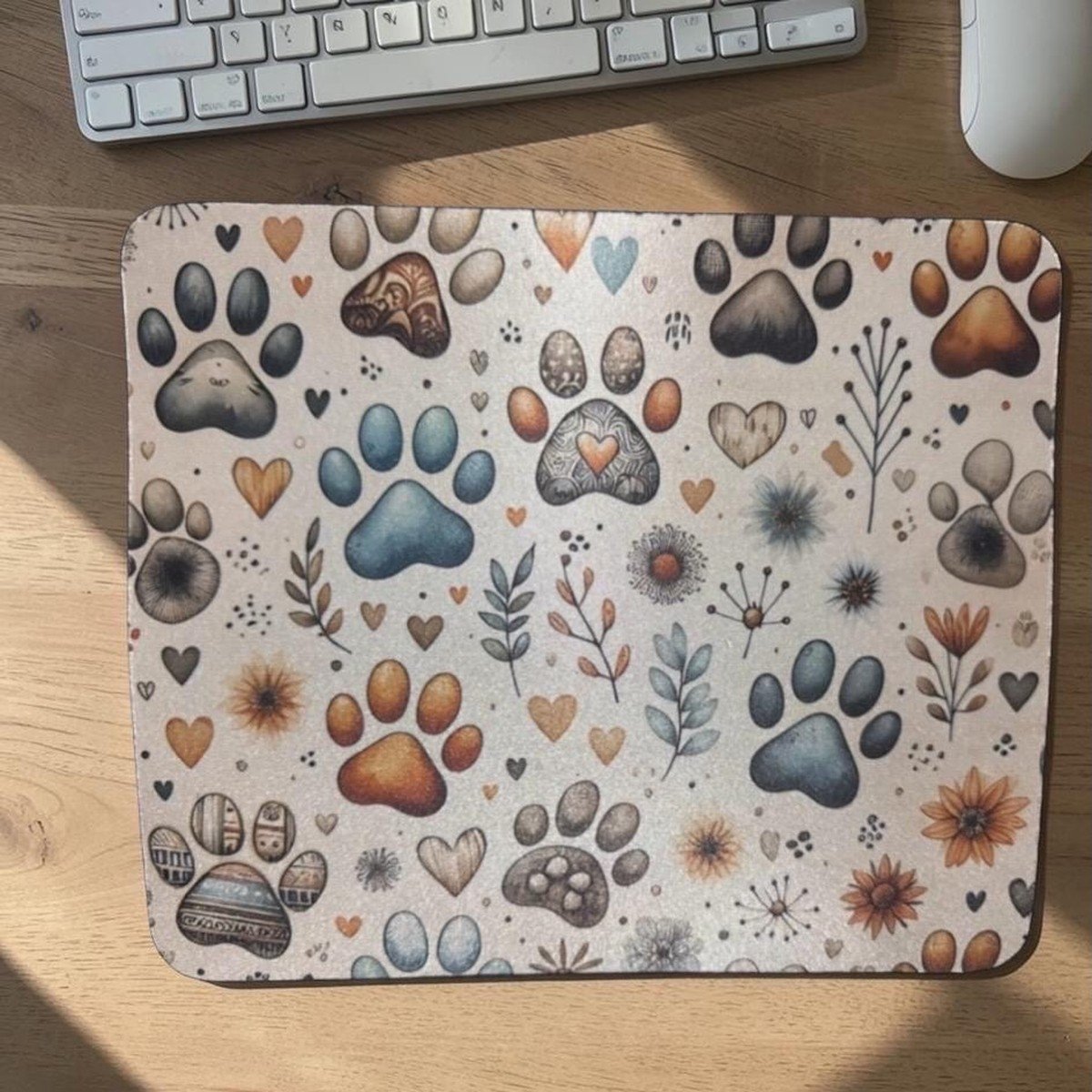 Watercolor paw-print mousepad with hearts and wildflowers on a home office desk; white keyboard at the edge.