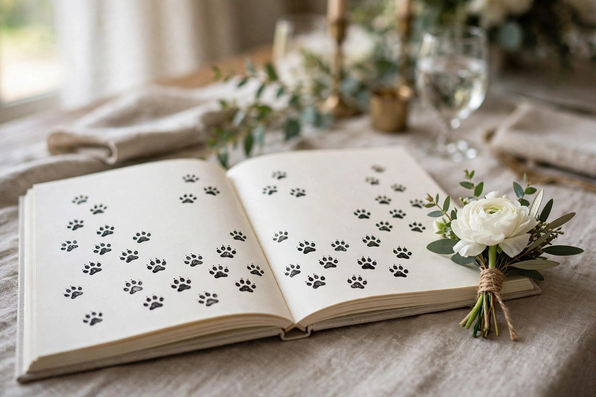 Open wedding guest book covered in stamped black dog paw prints beside a white boutonniere