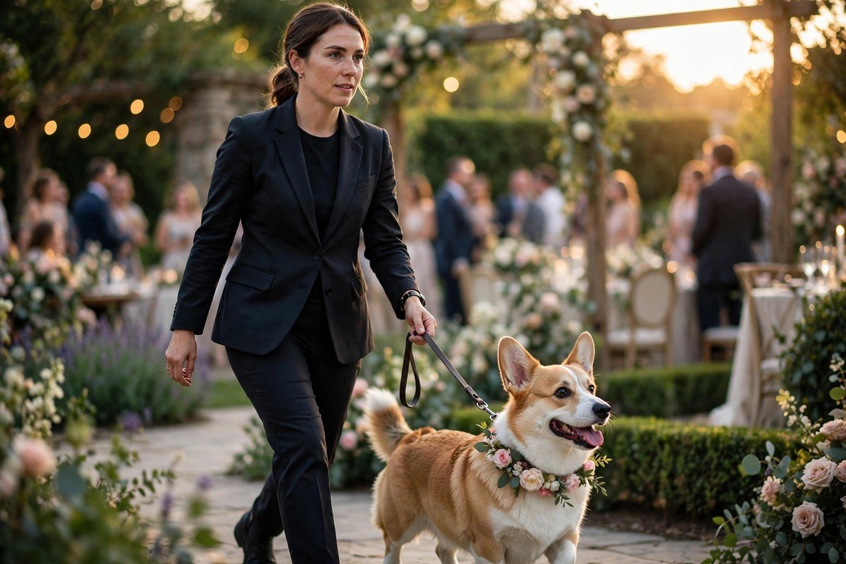 Professional dog handler in a dark outfit walking a corgi with a floral collar at an outdoor wedding