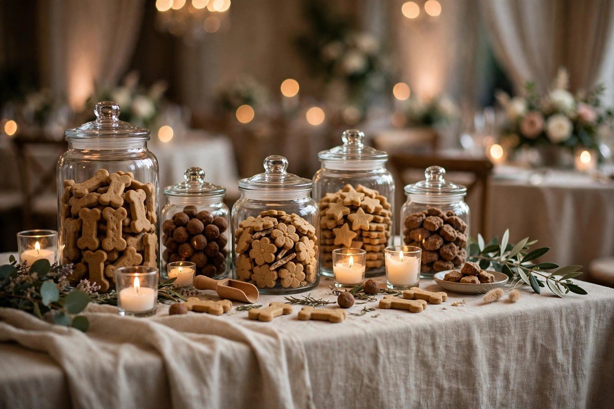 Elegant wedding reception treat bar with glass jars of dog biscuits and lit candles