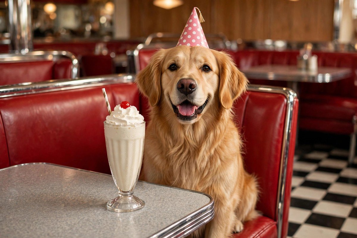 Golden retriever wearing a pink party hat sitting at a 1950s retro diner booth with a milkshake