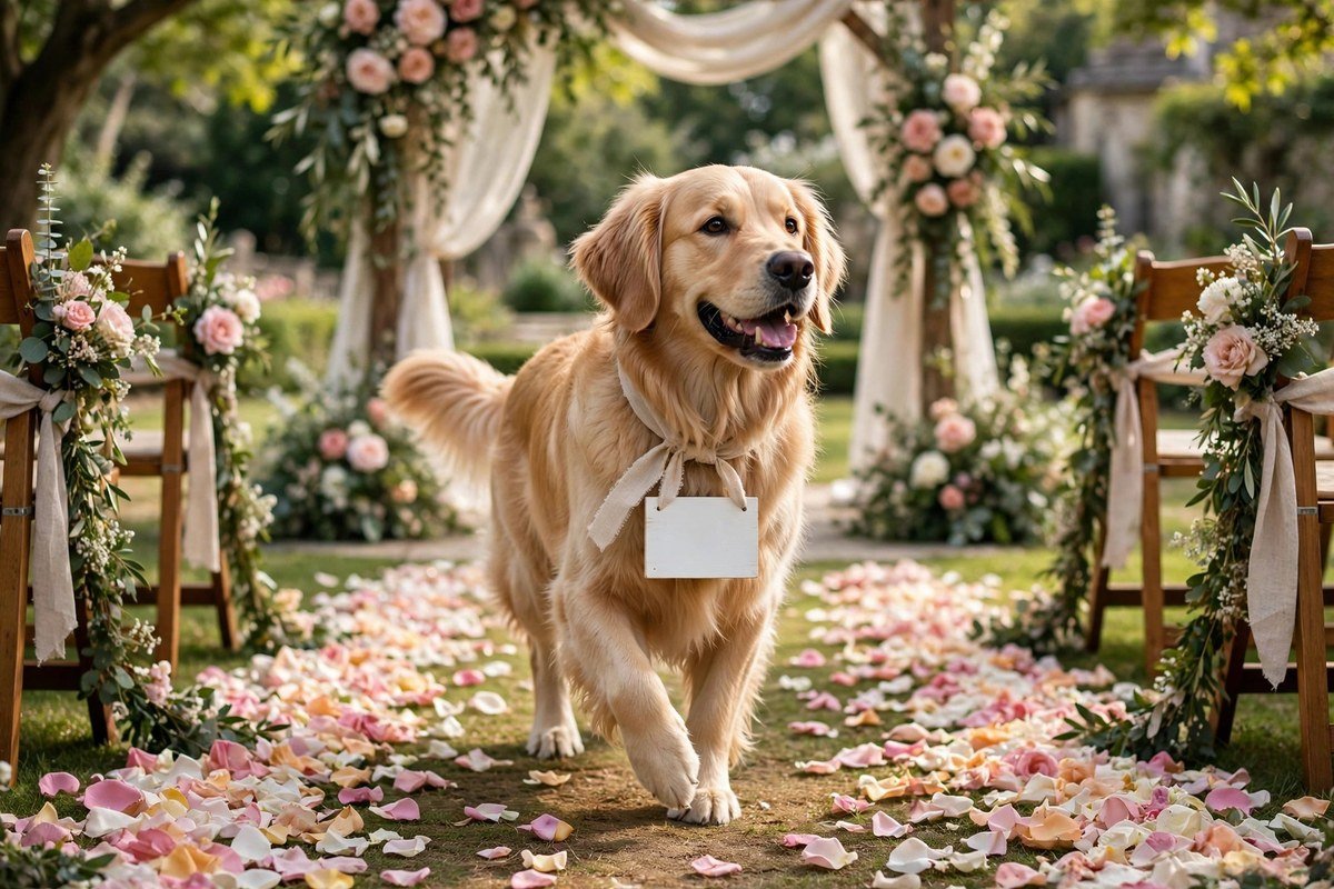 Golden retriever with a blank white wedding sign around its neck walking down a petal-strewn aisle