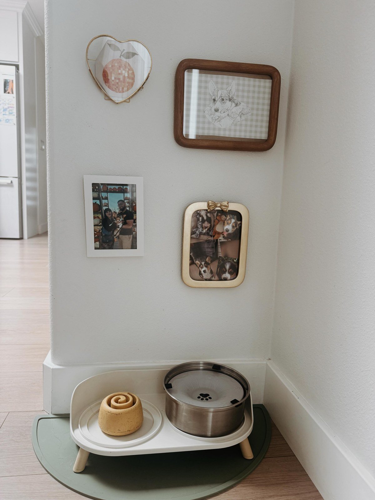 Styled corner: elevated feeding station on a muted green silicone mat with a tan spiral slow-feeder bowl and a stainless water bowl, corgi nearby. No readable text.