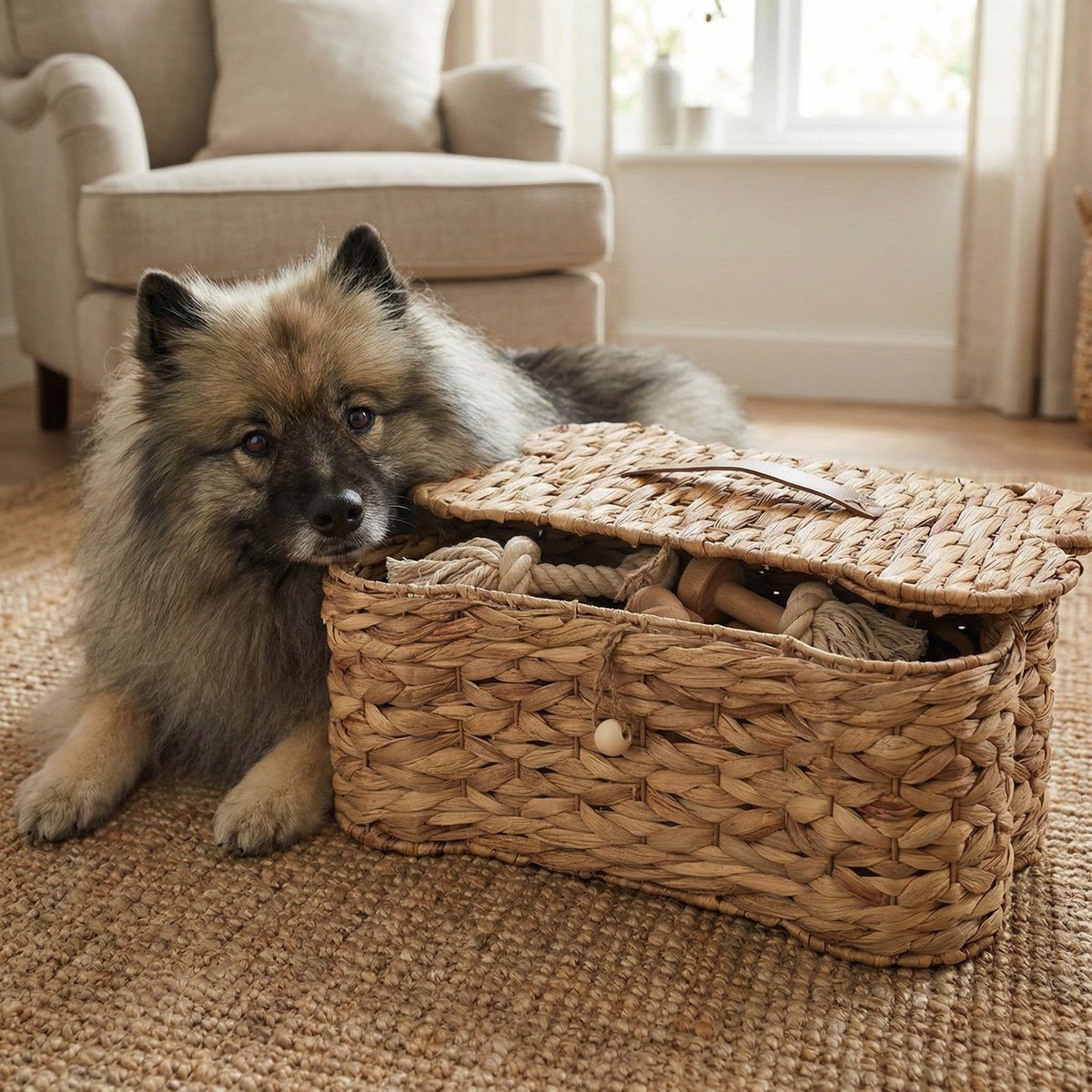 Fluffy gray-brown dog resting his head on the slightly open lid of a woven storage basket filled with knotted rope toys and wooden chew toys.