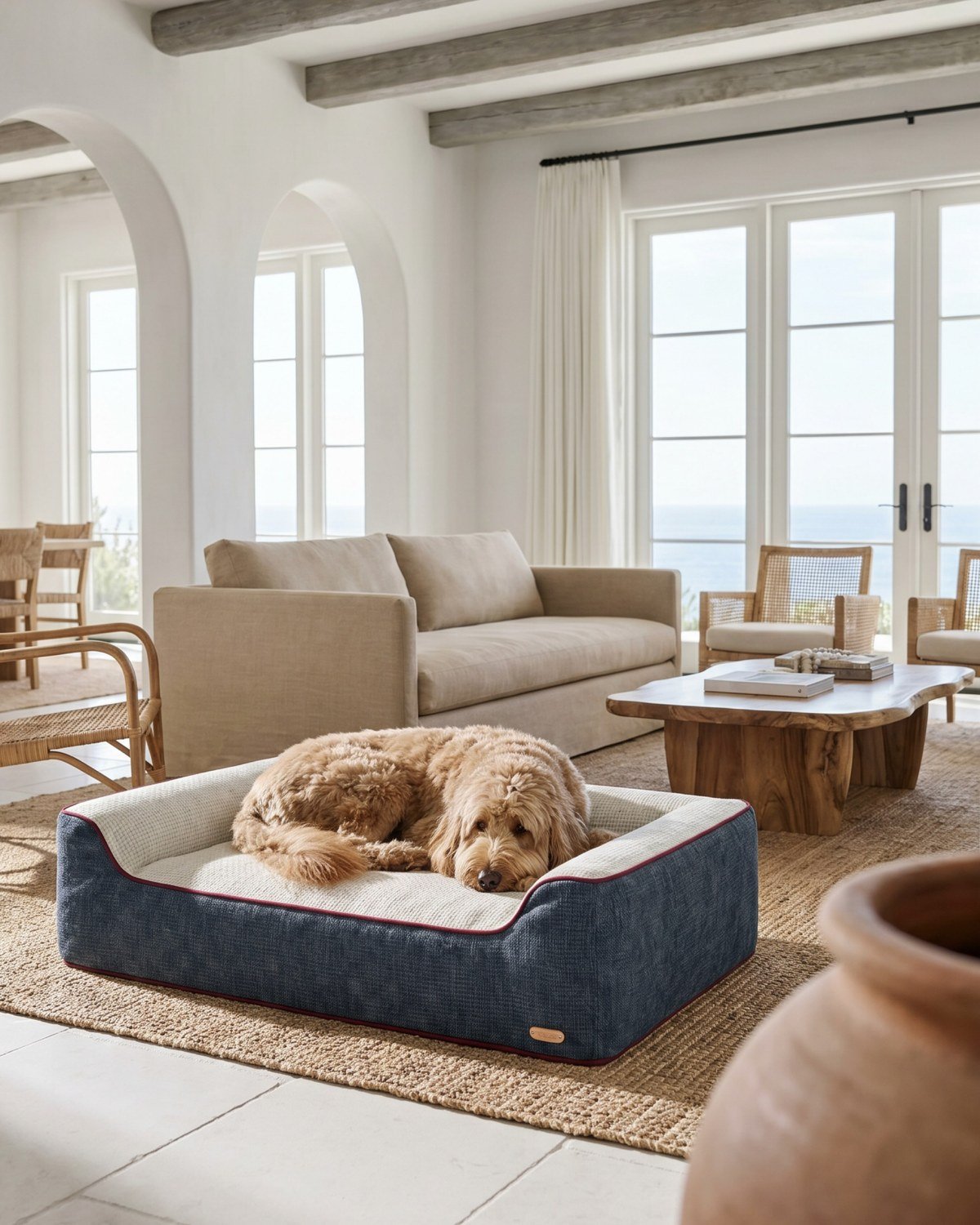 Fluffy dog curled up on a navy designer dog bed with burgundy piping and cream cushion in a sunlit coastal living room. No readable text in the image.