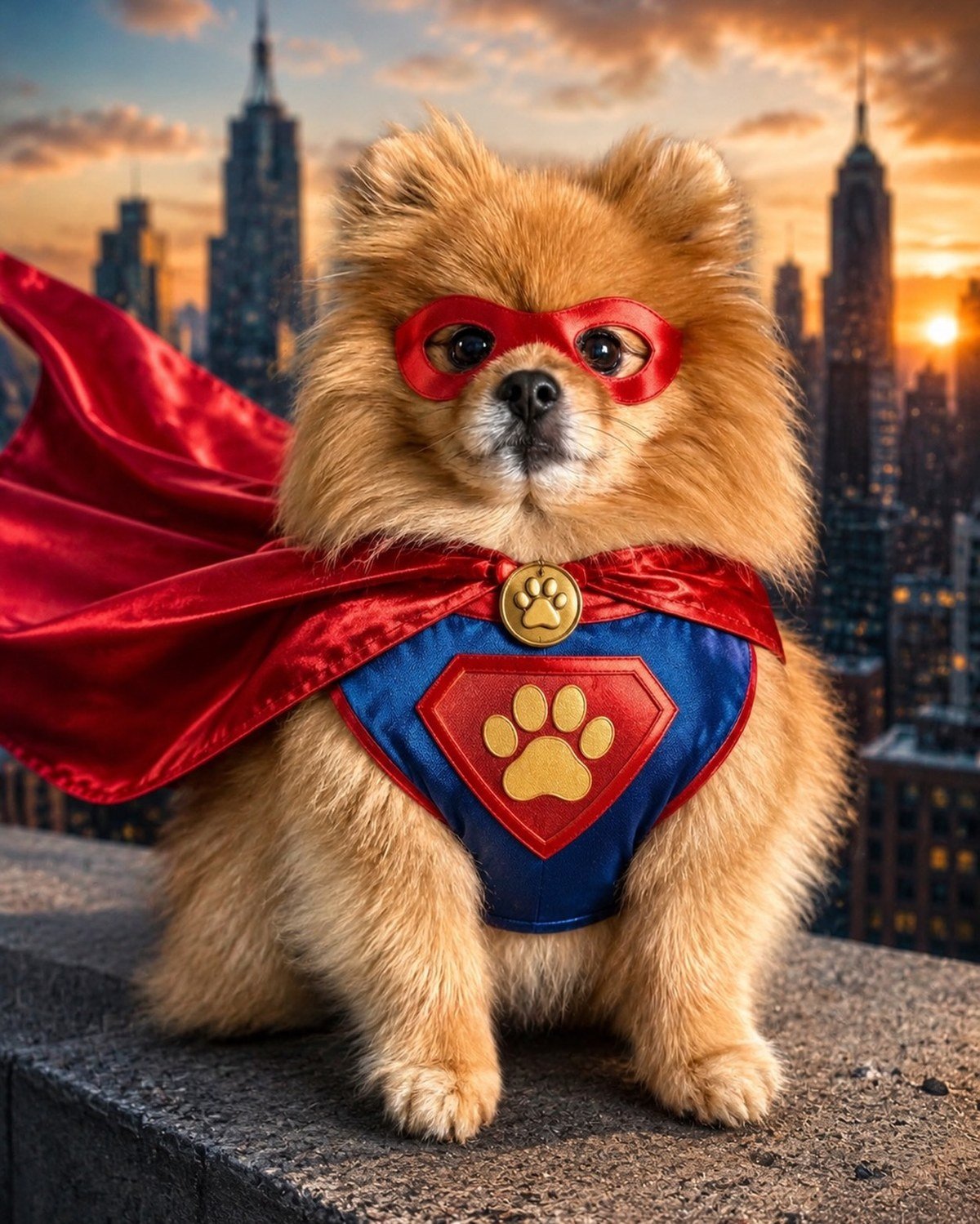 Pomeranian in a superhero costume with red cape and mask against a city skyline backdrop