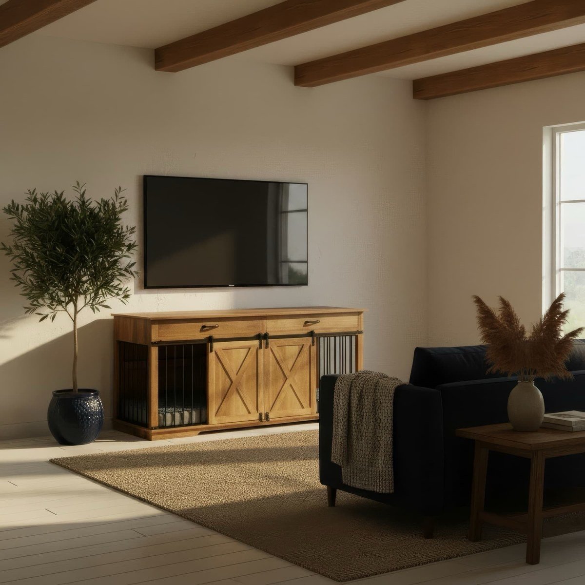 Light-wood crate console with sliding barn-door panels beneath a wall-mounted TV, dog Ember resting inside. No readable text per visual summary.