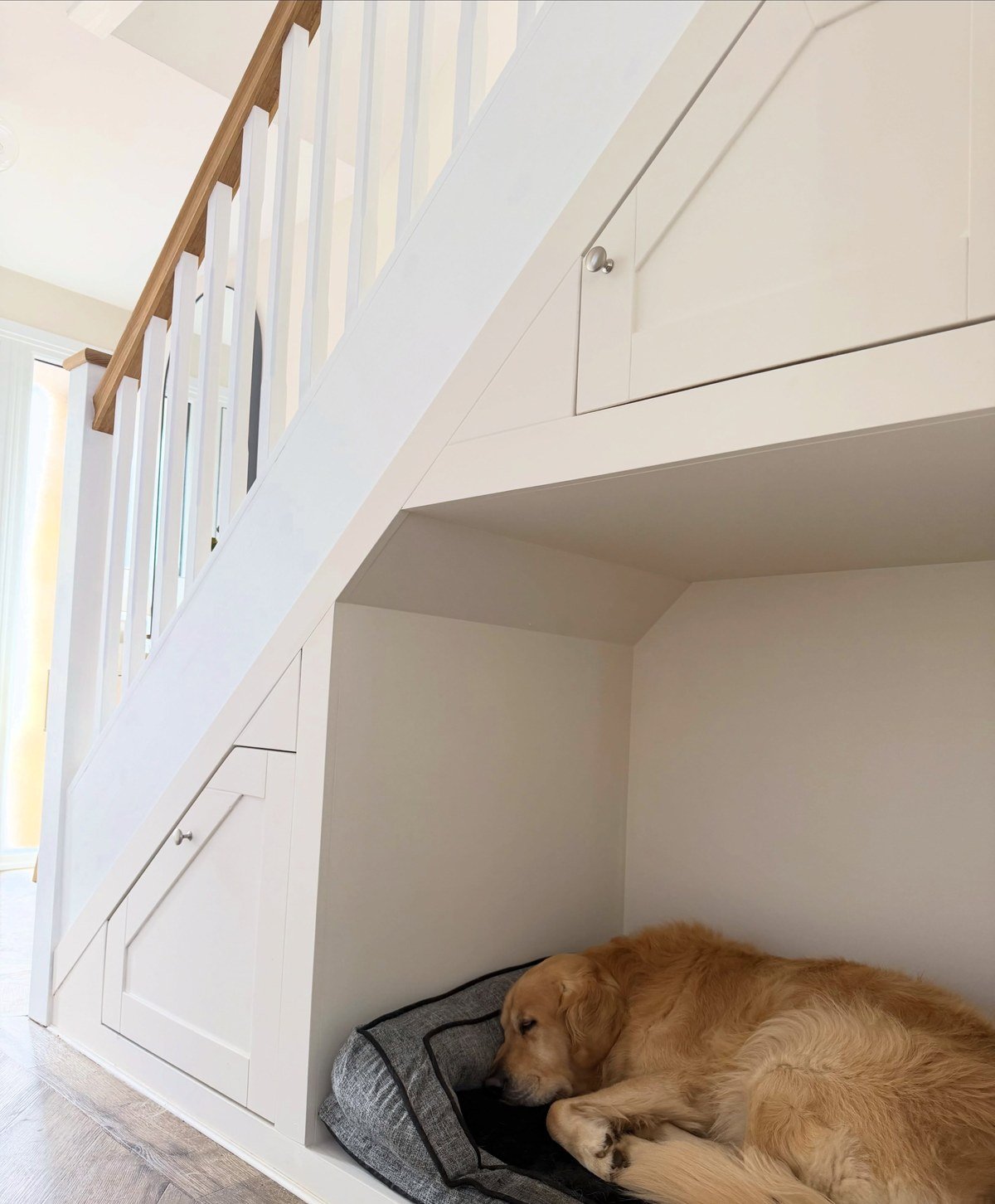 Golden retriever sleeping on a gray dog bed in a custom nook under a white staircase.