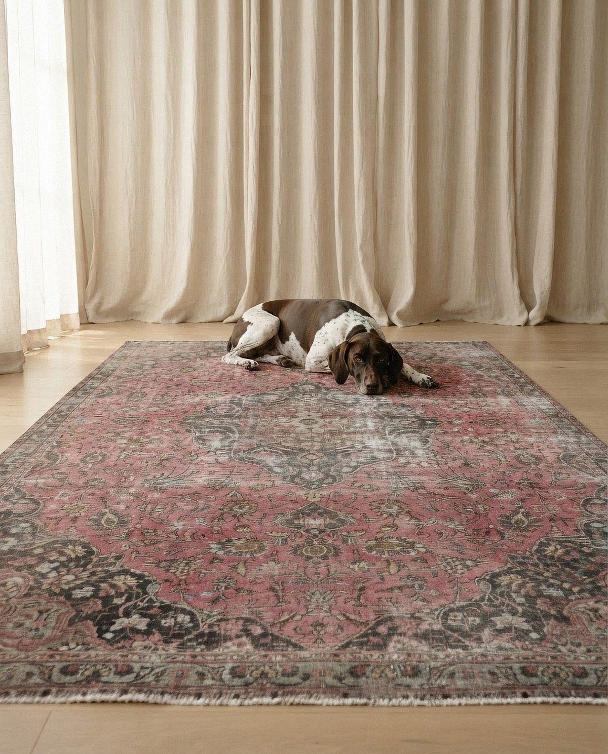 Brown and white German Shorthaired Pointer relaxing on a large faded pink and dark floral vintage-style rug.