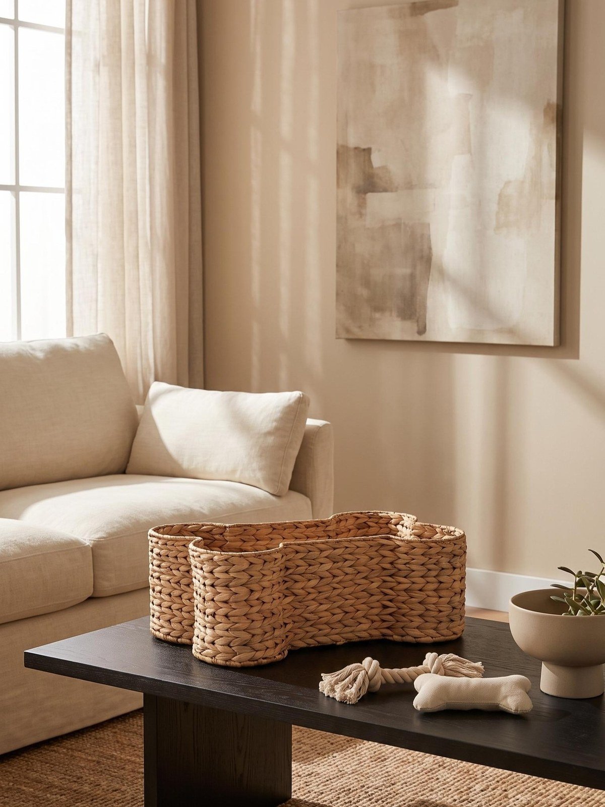 A light brown woven basket shaped like a dog bone, filled with dog toys, sits on a dark wooden coffee table in a sunlit neutral living room with a beige sofa; verified no text visible in the image.